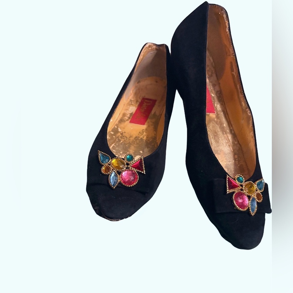 Vintage 1980s Danelle Jeweled suede Ballet Flats – Black Statement Shoes- 7.5